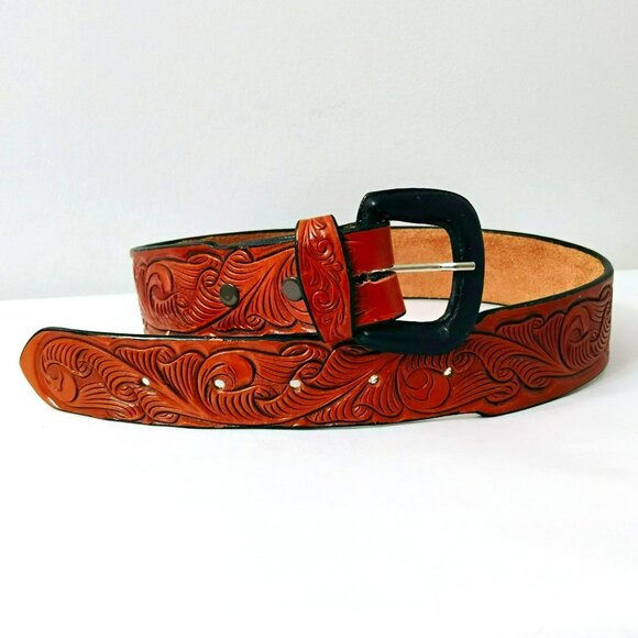 Hand Crafted Accessories - Handcrafted Brown Tooled Leather Belt With Black Leather Buckle, 28 / size small